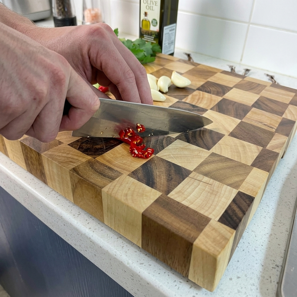 A knife mincing a bright red chili pepper on a wooden board with whole garlic cloves visible in the background.