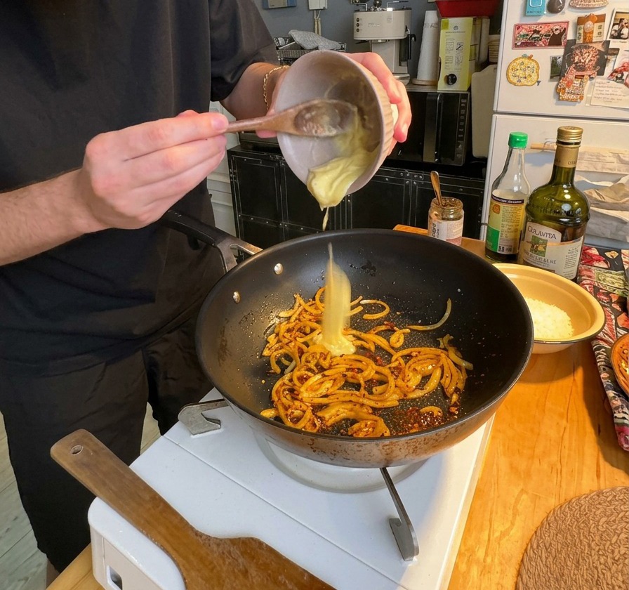 A thick, pale garlic butter paste being poured from a small ceramic bowl into a pan of sautéed onions.
