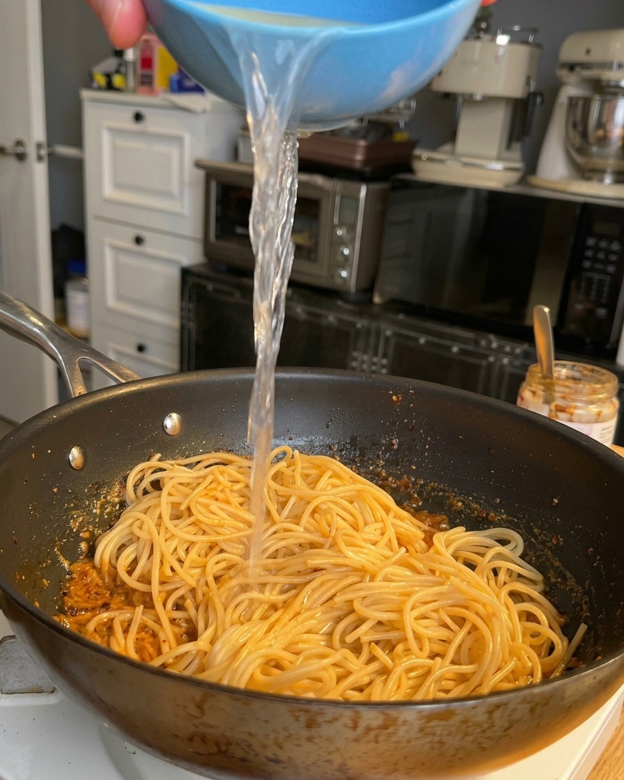 A stream of clear pasta water being poured from a blue bowl onto a pan of spaghetti mixed with cream sauce.