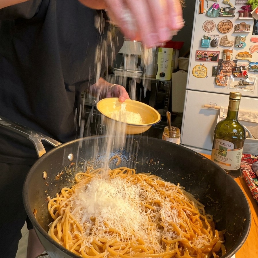 A hand sprinkling a heavy layer of finely grated Parmesan cheese over a large pan of creamy spaghetti.