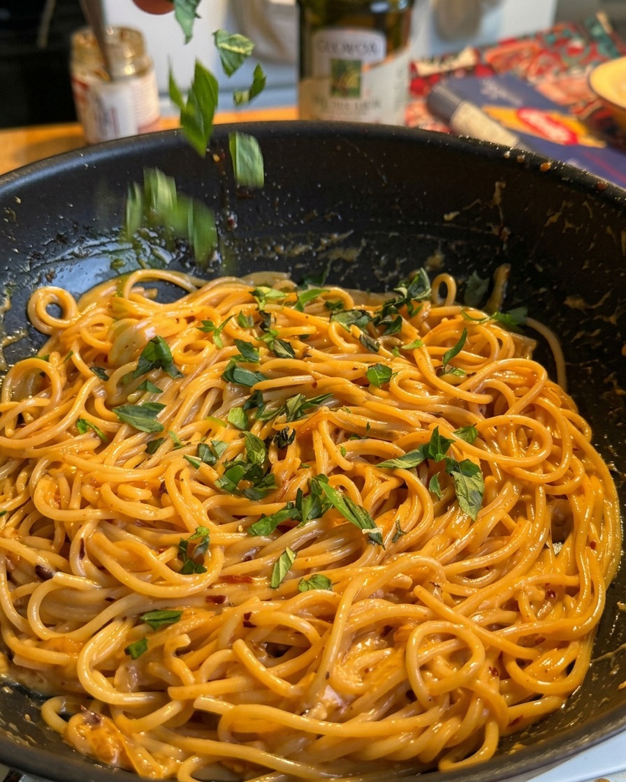 Freshly chopped green basil leaves being dropped onto a finished dish of creamy chili garlic spaghetti.