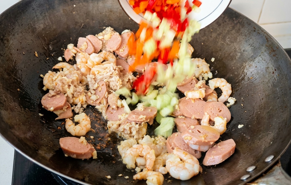 Diced red bell peppers and green celery being added from a white bowl into a wok full of cooked meat and shrimp.