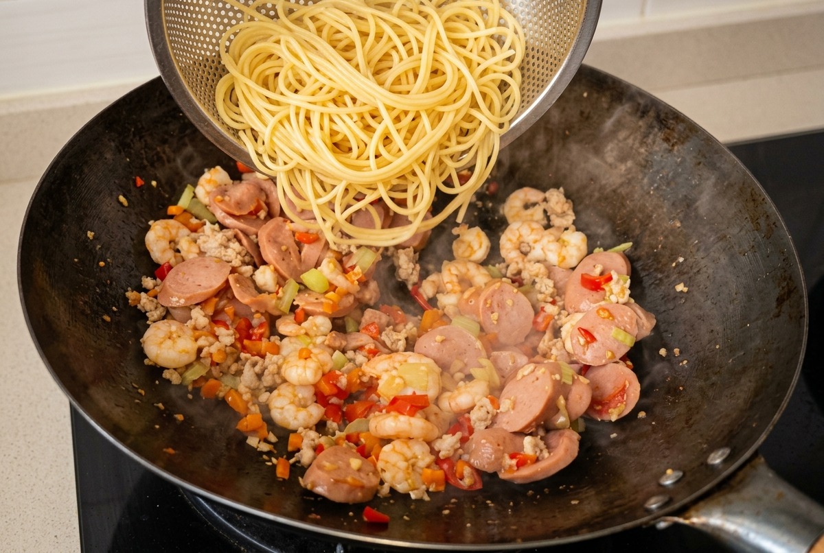Cooked spaghetti noodles being transferred from a metal strainer into a wok containing a colorful stir-fry of meat and vegetables.