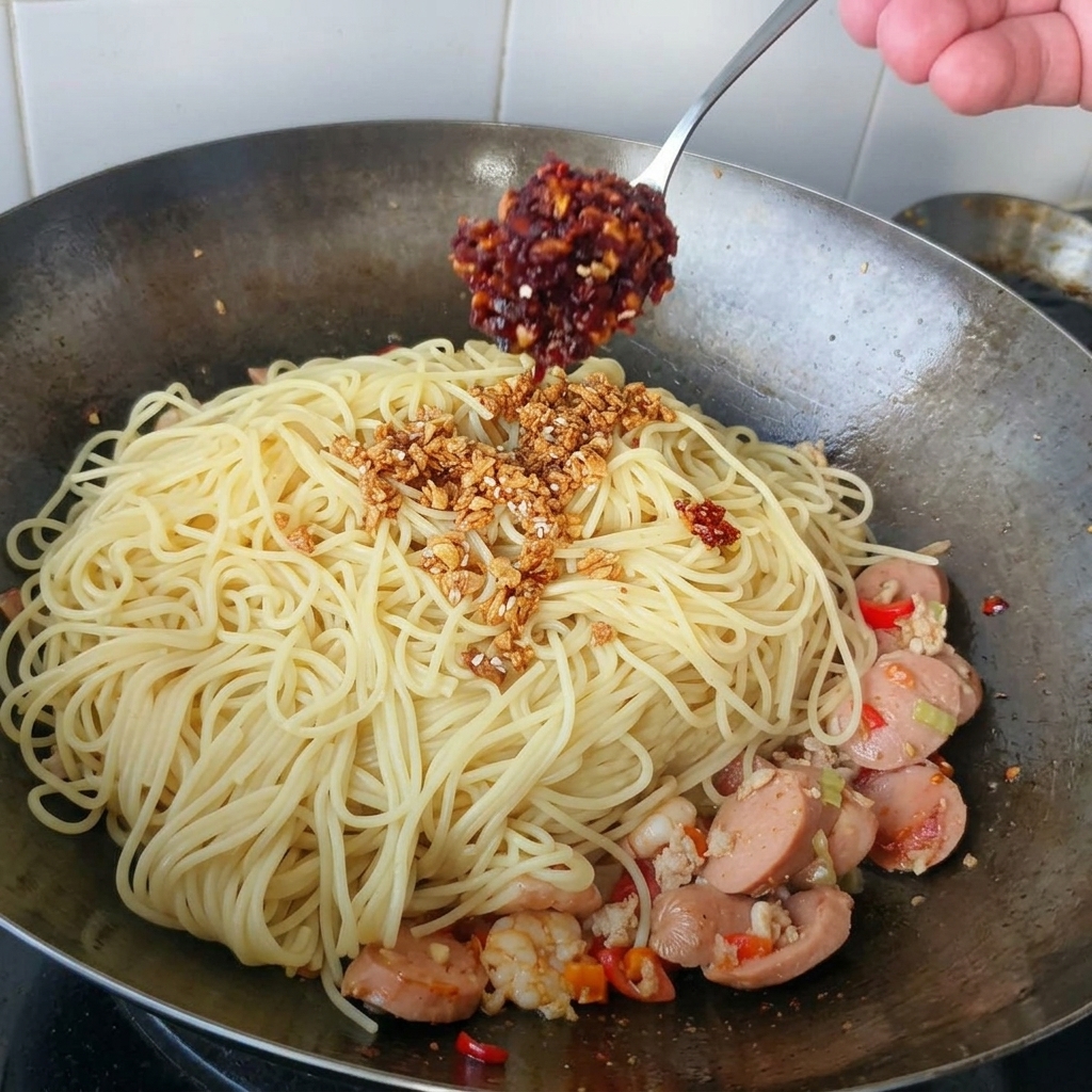 A metal spoon depositing a portion of vibrant red chili oil and flakes onto spaghetti in a wok.
