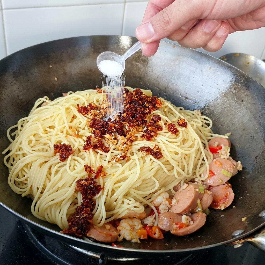 Salt being sprinkled from a small plastic spoon over noodles seasoned with chili oil and garlic.