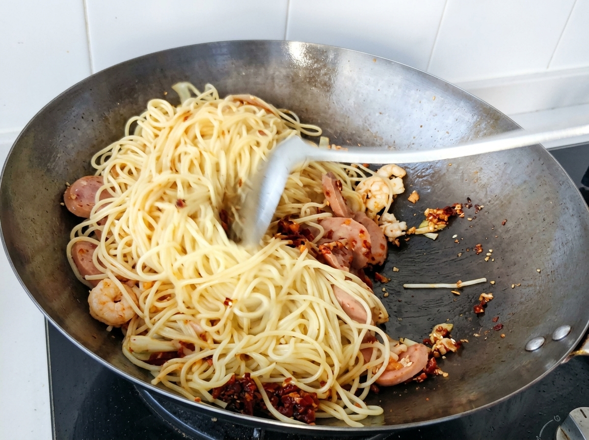 A white spatula stirring spaghetti with shrimp and sausage in a seasoned wok to combine all ingredients.