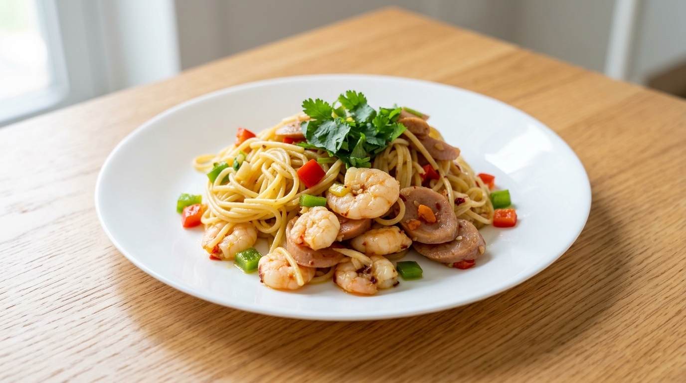 Wok-Fried Garlic Spaghetti with Shrimp and Sausage