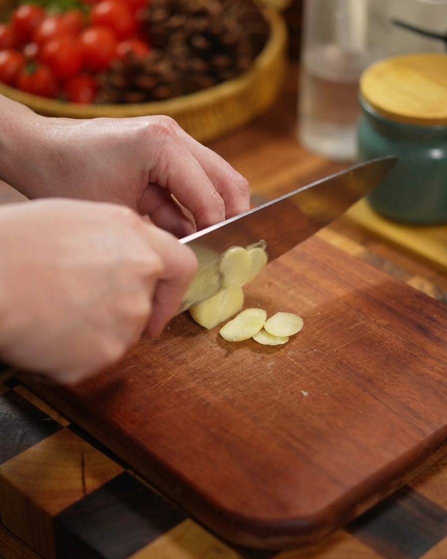 A persons hands using a knife to slice raw garlic cloves thinly on a wooden cutting board.