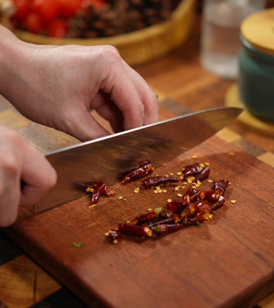 Hands using a stainless steel knife to chop several dried red chili peppers into small bits on a wooden board, with seeds visible on the surface.