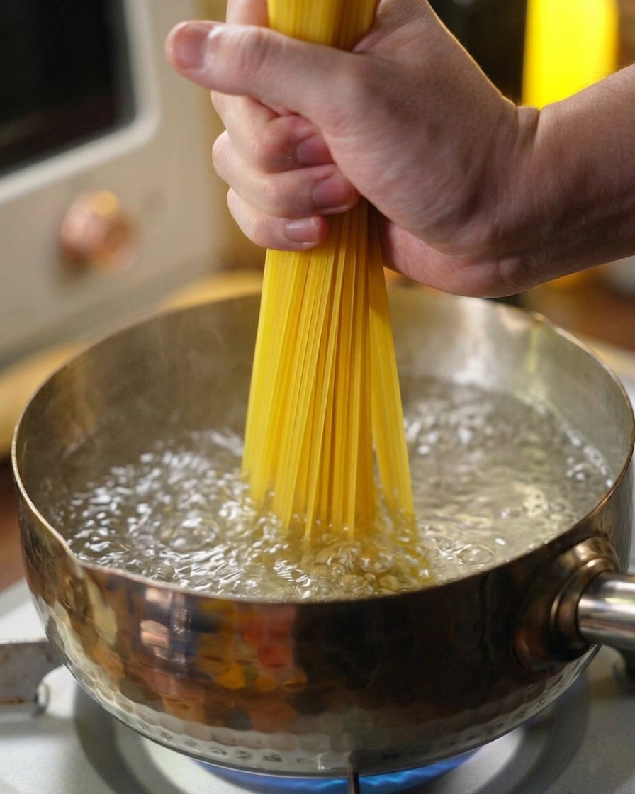 A hand placing dry spaghetti noodles into a pot of vigorously boiling water.