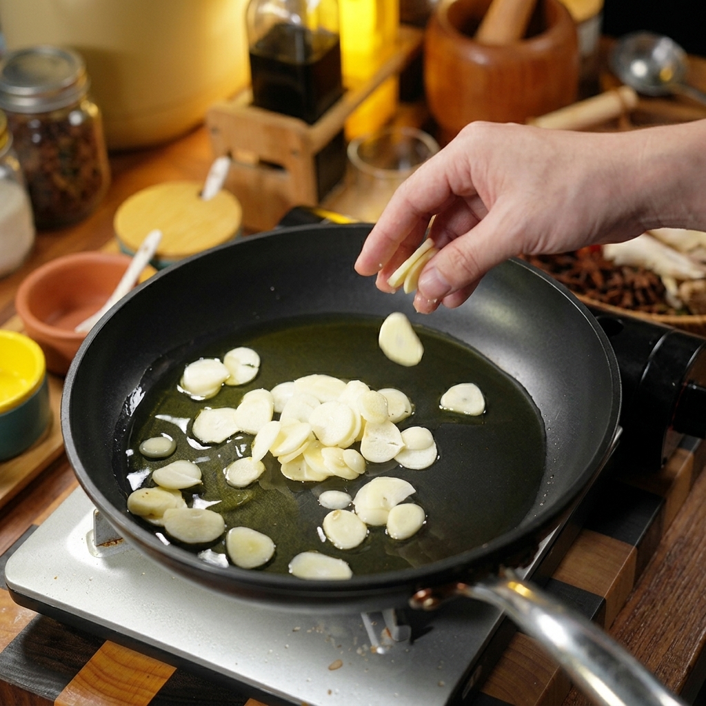 Sliced raw garlic being dropped into a pan of hot oil to sauté.