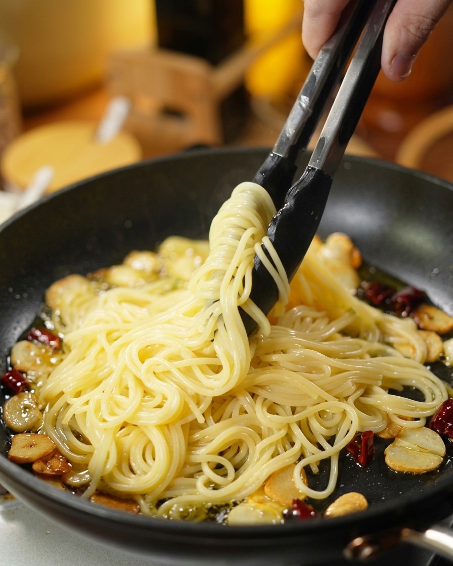 Tongs transferring cooked spaghetti noodles directly into a skillet of infused garlic and chili oil.