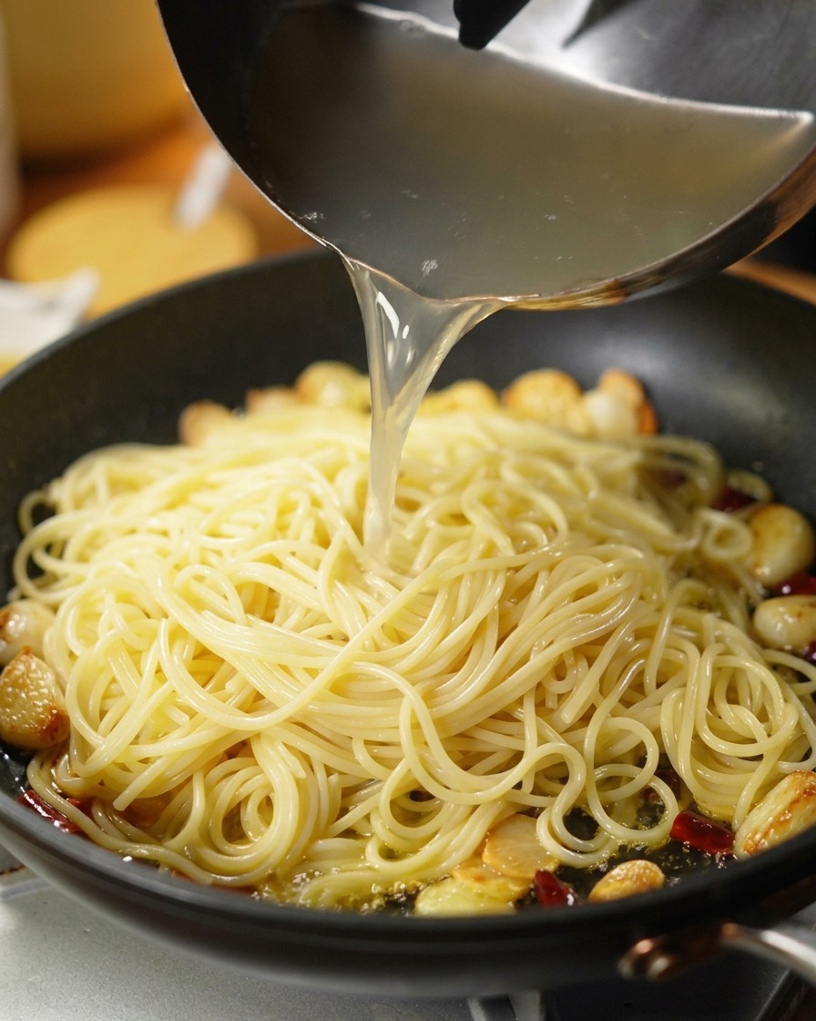 A metal ladle pouring cloudy, starchy pasta water over a pan of cooked spaghetti.