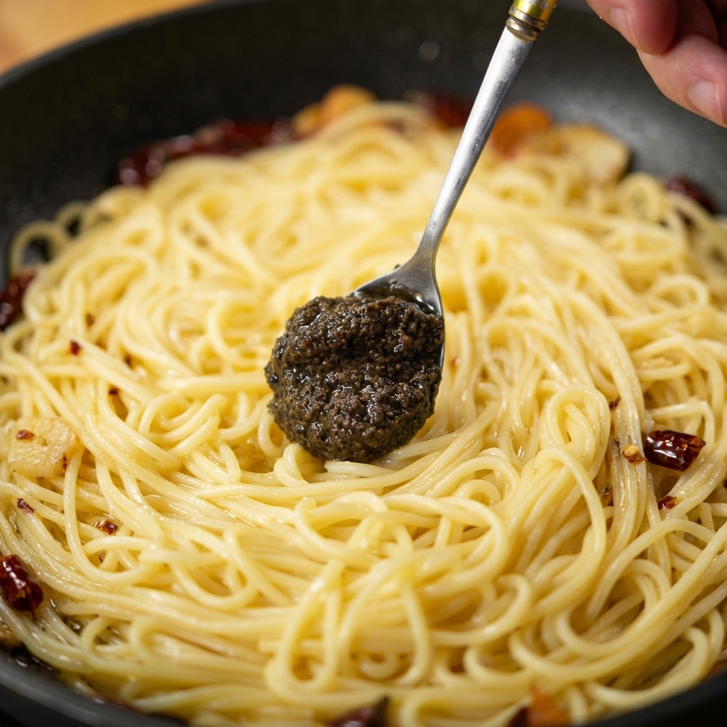 A spoon adding a dollop of thick black truffle sauce onto a bed of spaghetti in a skillet.