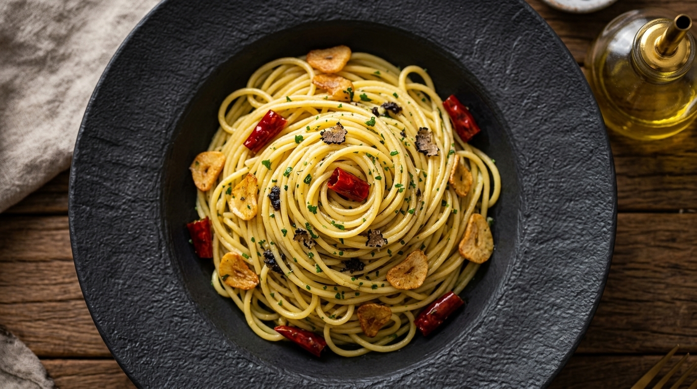 Glistening spaghetti swirled with black truffle, crispy garlic, and dried chilies, drizzled with extra virgin olive oil
