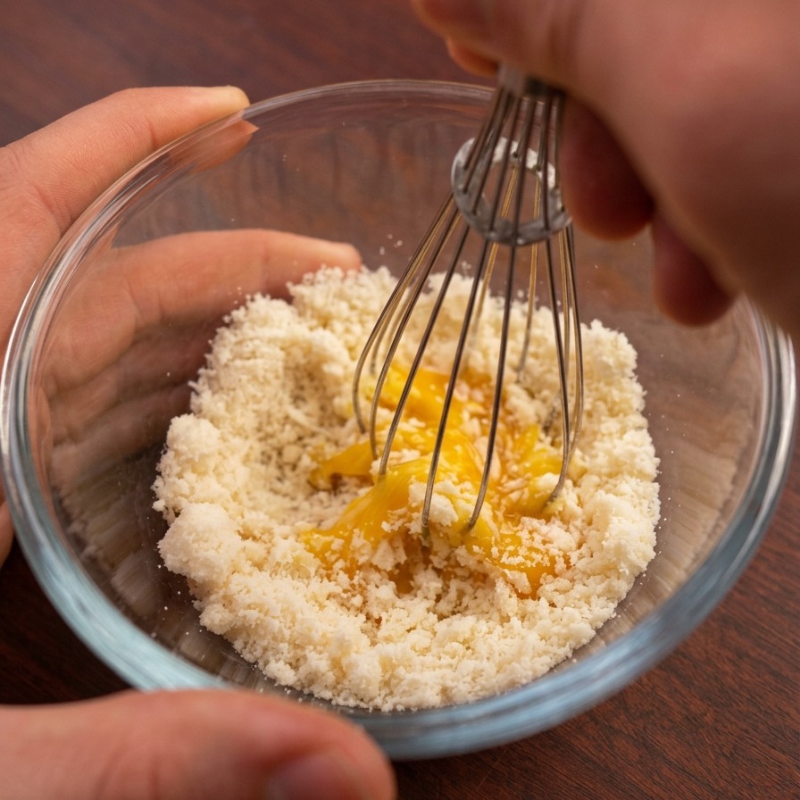 A small metal whisk blending a single egg yolk with finely grated Parmesan cheese in a clear glass bowl.