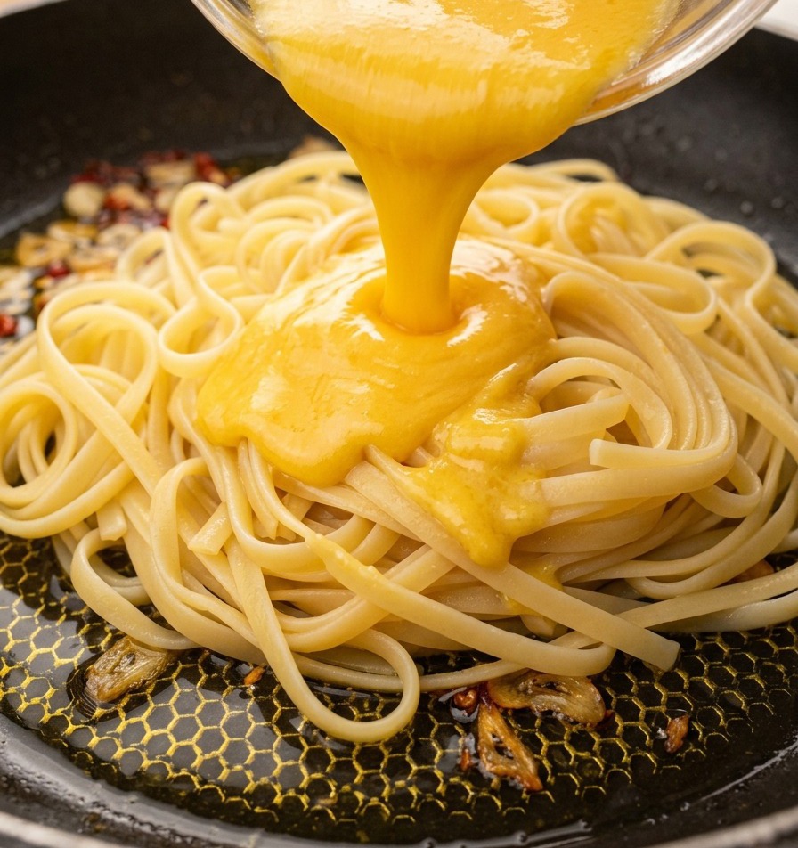 Creamy yellow egg and cheese sauce being poured onto a mound of linguine pasta in a skillet.