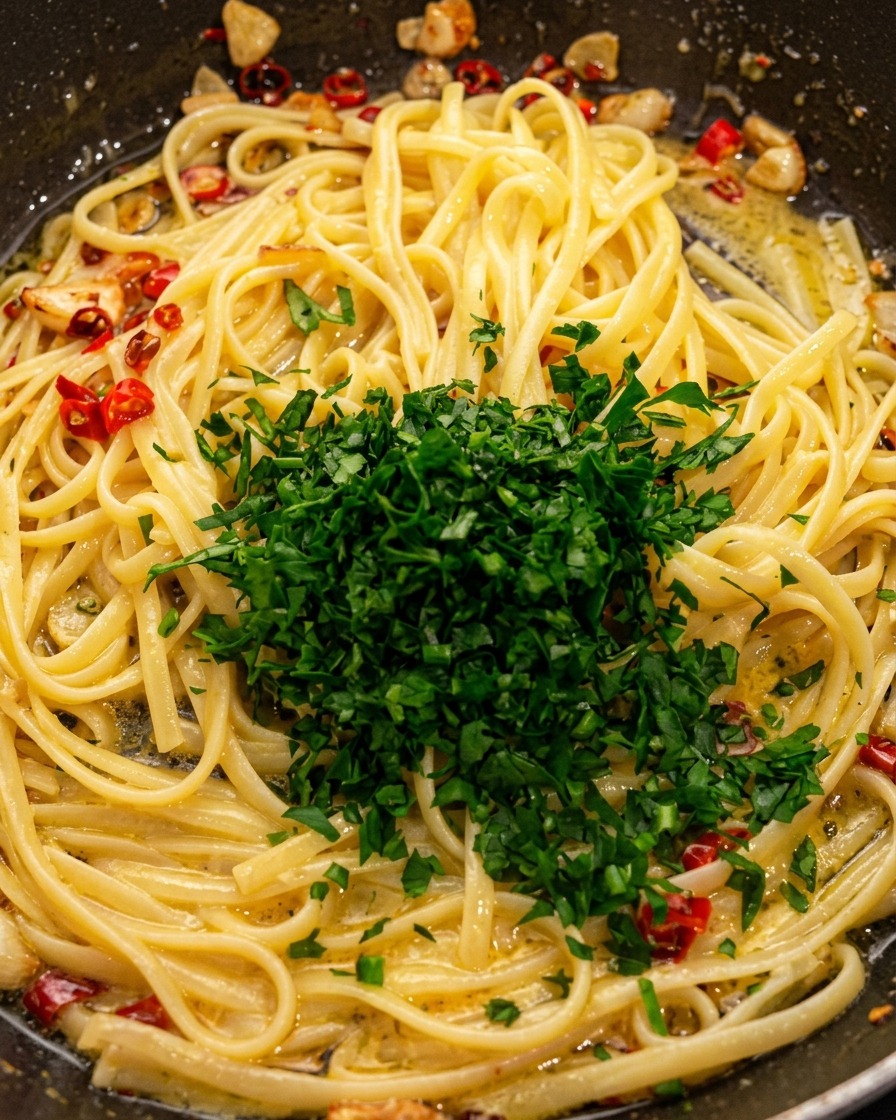 A large pile of vibrant chopped green parsley resting on top of cooked pasta with visible garlic and chili in a frying pan.