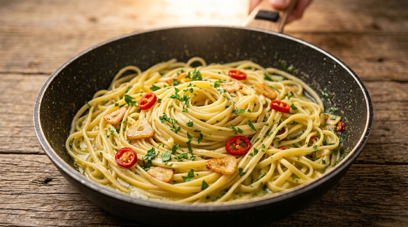 Creamy Garlic and Chili Linguine (Pasta Alìo, Olio e Peperoncino with Egg)