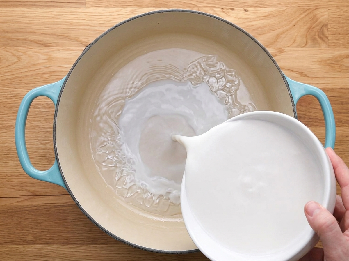 Milk being poured into a light blue cooking pot.
