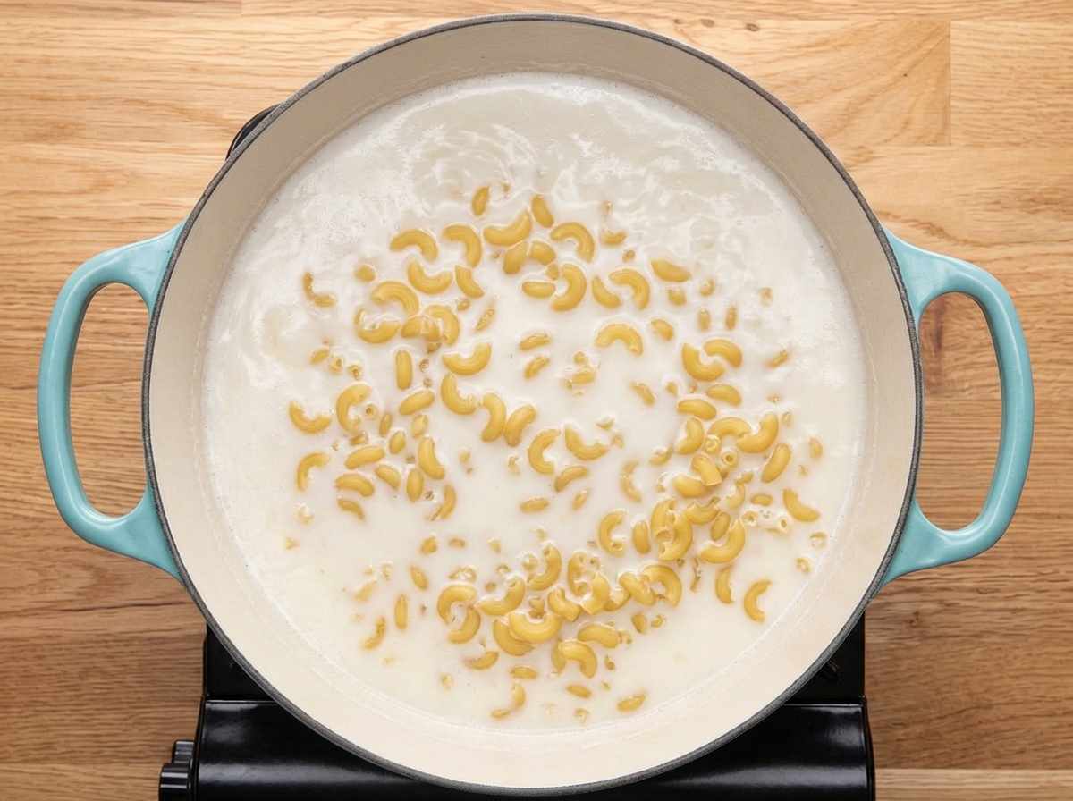 Dry elbow pasta resting in simmering milk inside a light blue pot.