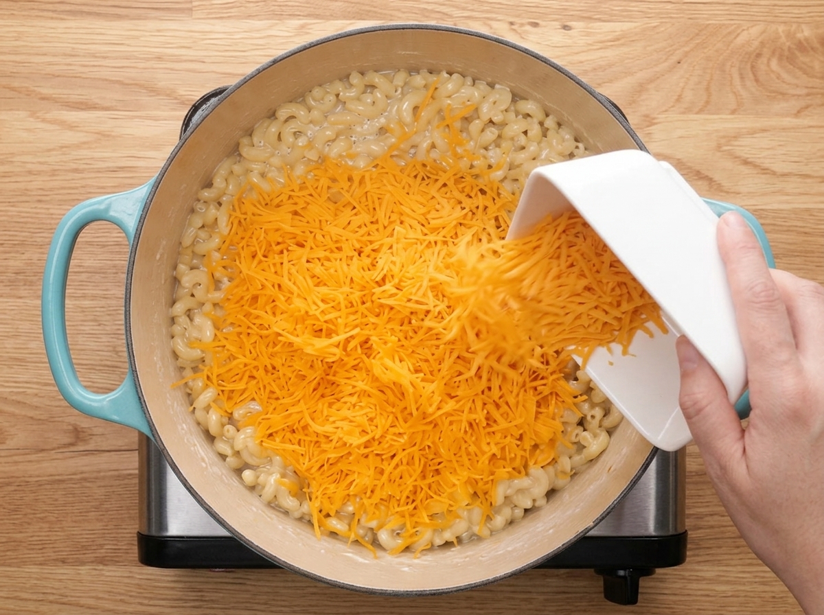 Shredded cheddar cheese being poured from a white bowl onto cooked macaroni in a pot.