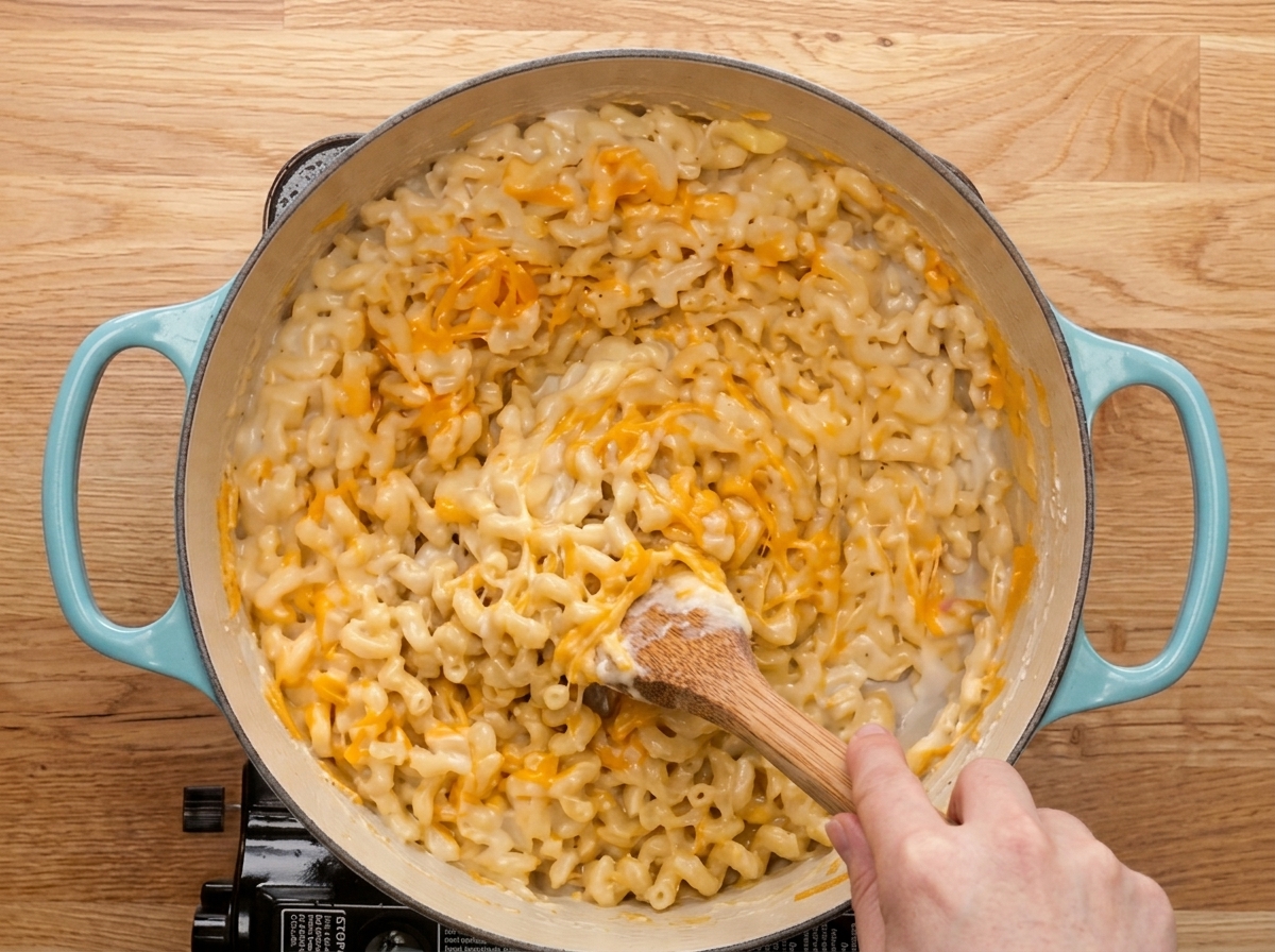 Creamy macaroni and cheese being stirred with a wooden spoon in a light blue pot.