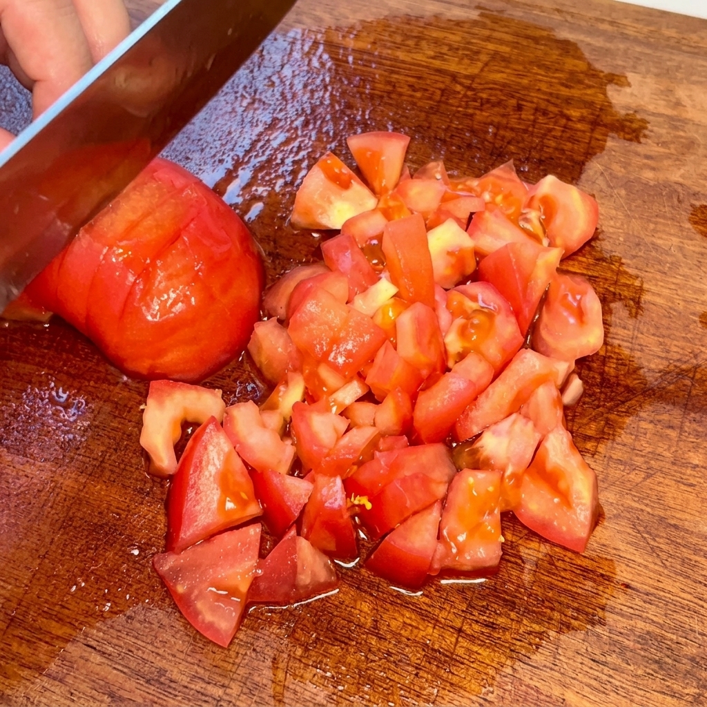 Peeled tomato being diced into small cubes on a wooden cutting board.