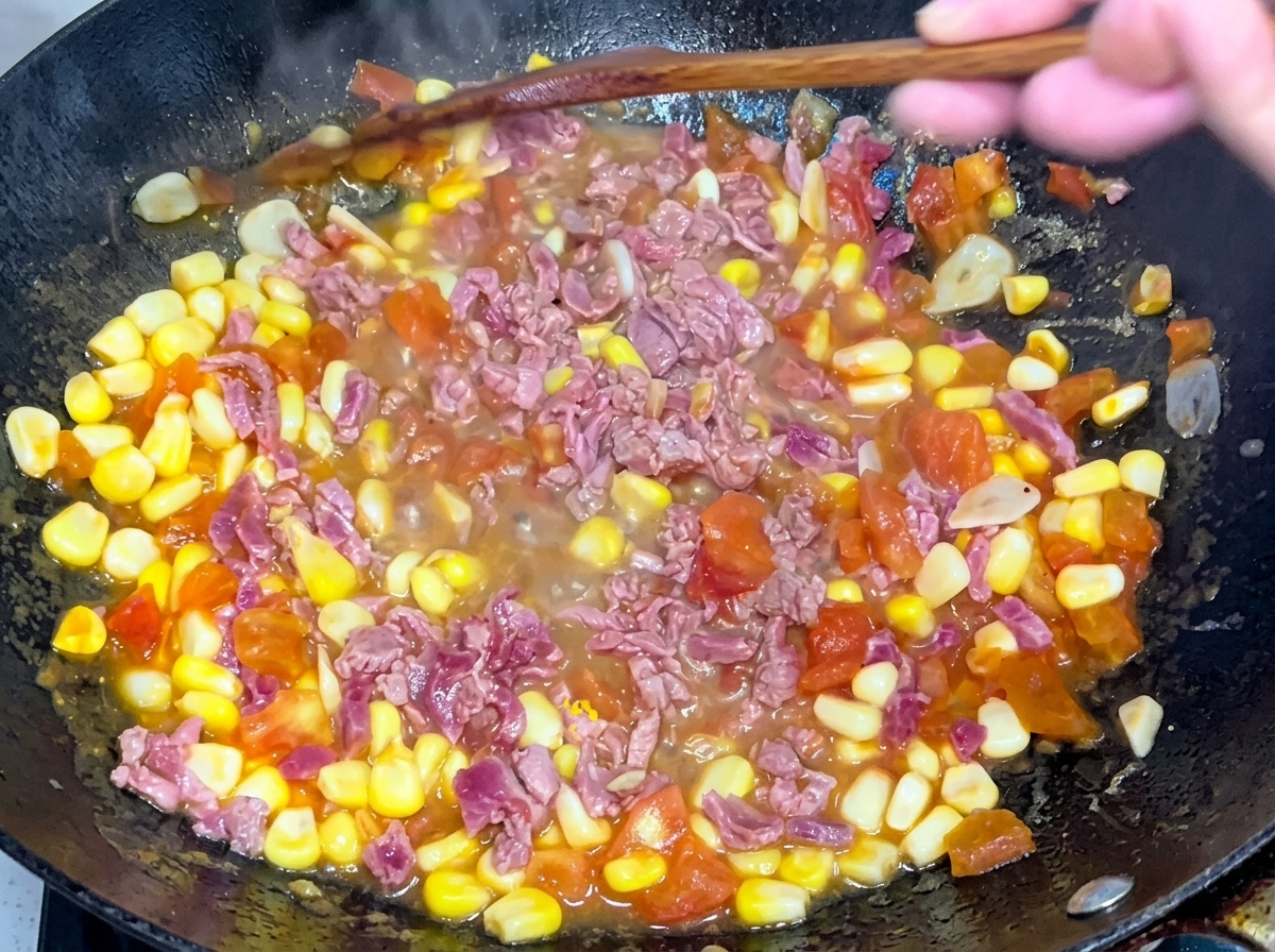Beef strips, corn kernels, and tomatoes being stir-fried together in a black wok with a wooden spatula.