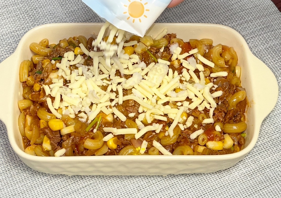 Shredded white cheese being poured from a blue and white bag onto a baking dish filled with macaroni and sauce.