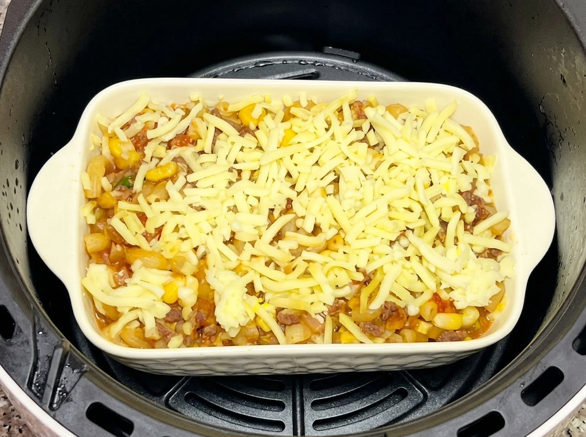 A white rectangular baking dish topped with a layer of unmelted shredded cheese sitting inside a black air fryer basket.