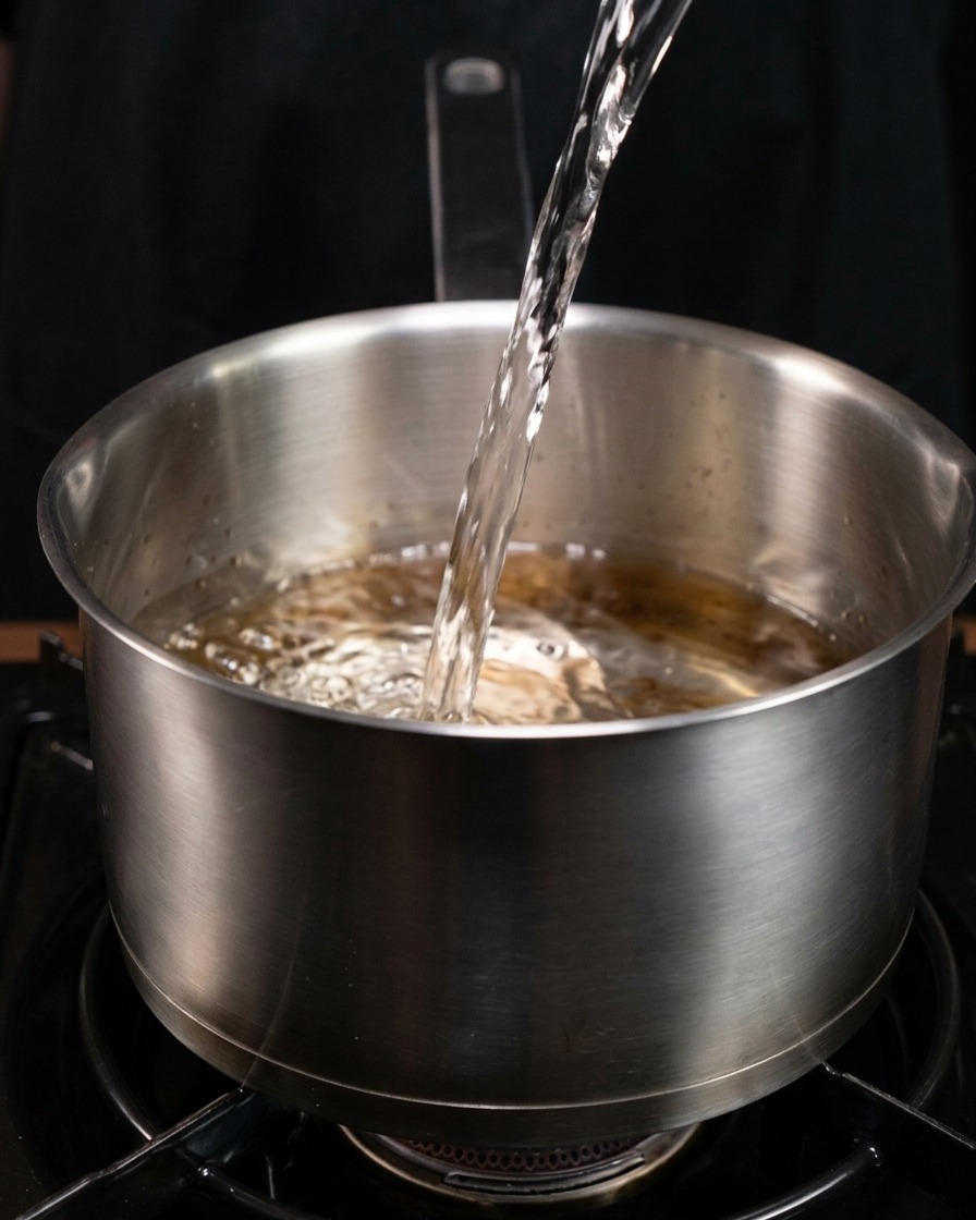 Clear water being poured from a spout into a deep stainless steel pot on a stovetop.