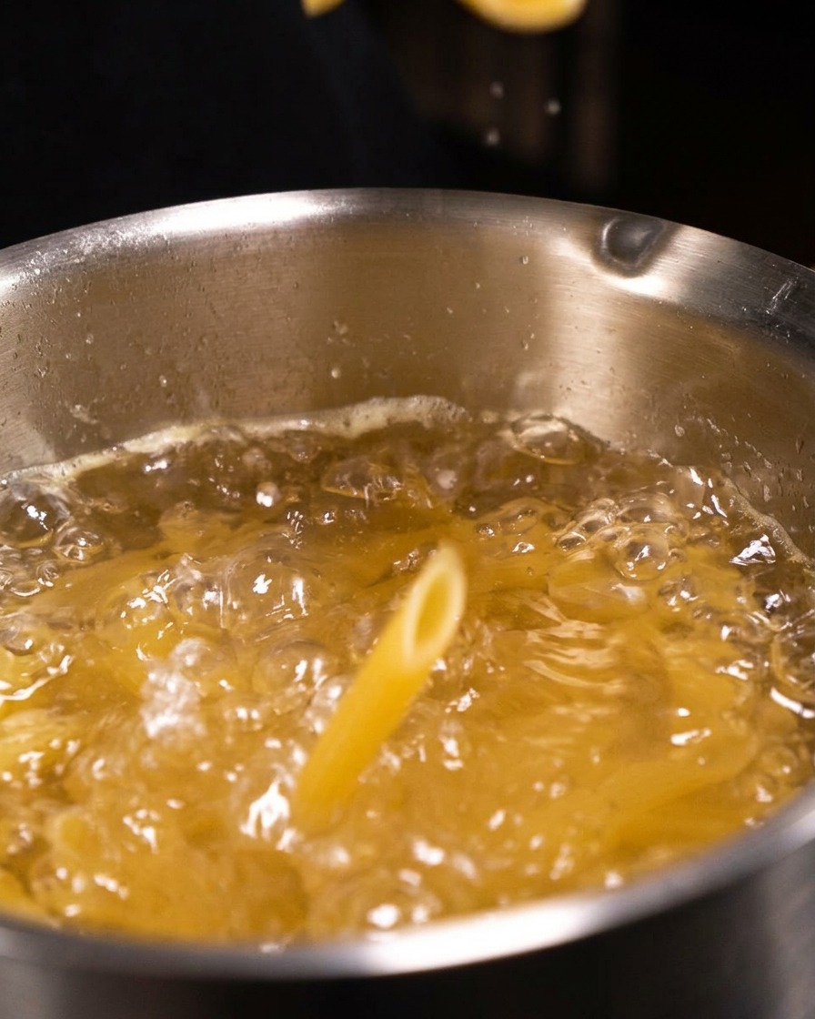 Dry, tubular penne pasta splashing into a pot of rapidly boiling, seasoned water.
