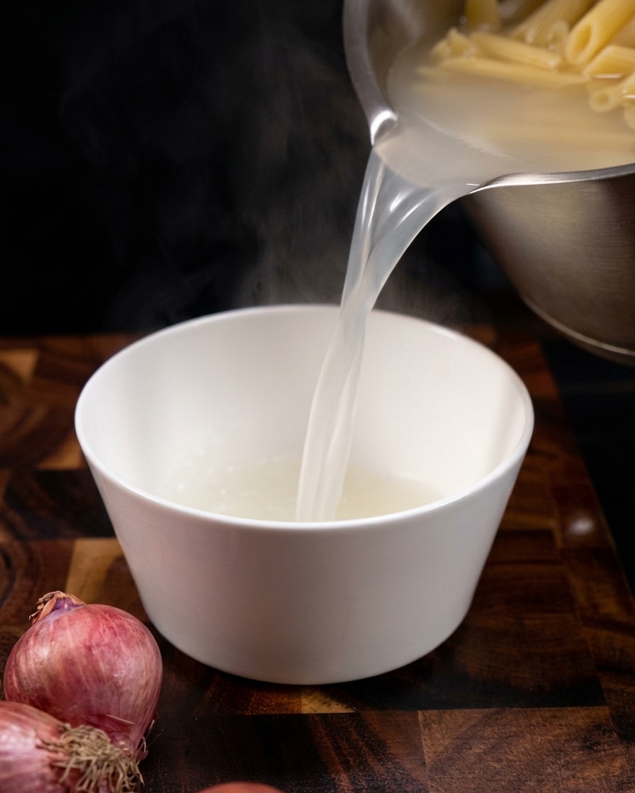 Hot, cloudy pasta water being poured from the boiling pot into a clean white ceramic bowl.