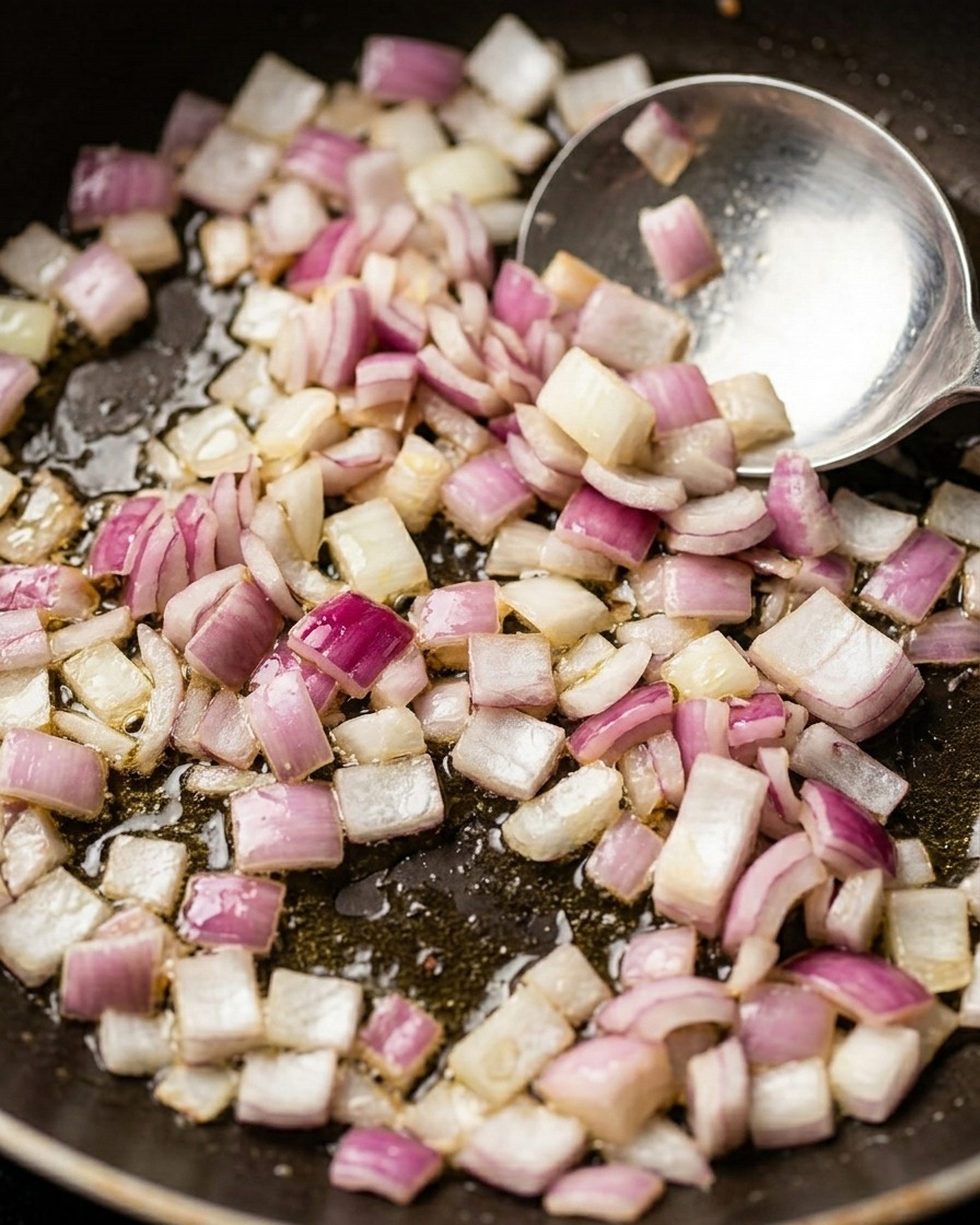 Small, square pieces of purple shallots sizzling and softening in a pool of olive oil in a dark skillet.