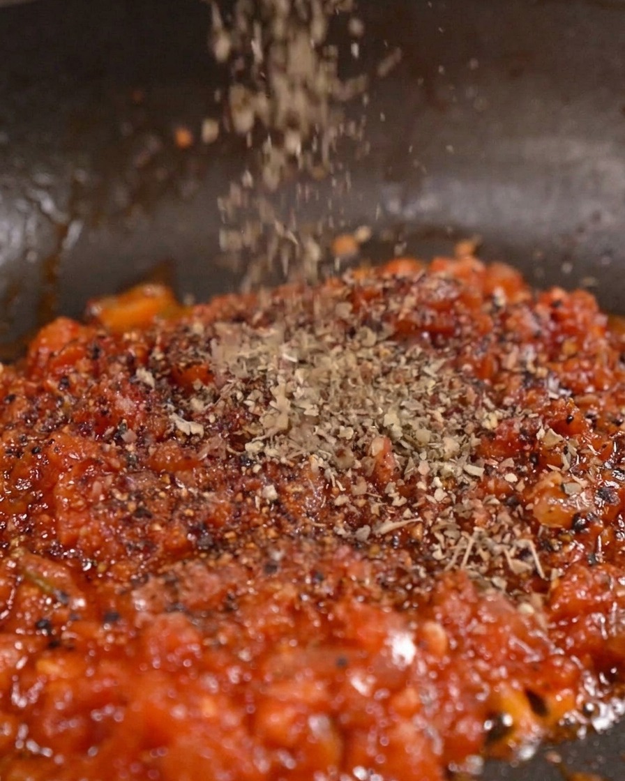 Dried herbs and red spices being sprinkled from above into a thick, bubbling red tomato sauce in a pan.
