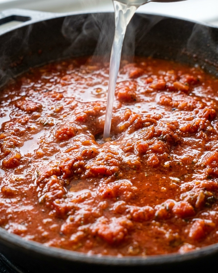 A stream of clear, starchy pasta water being poured into a pan of red tomato sauce, creating a small whirlpool.