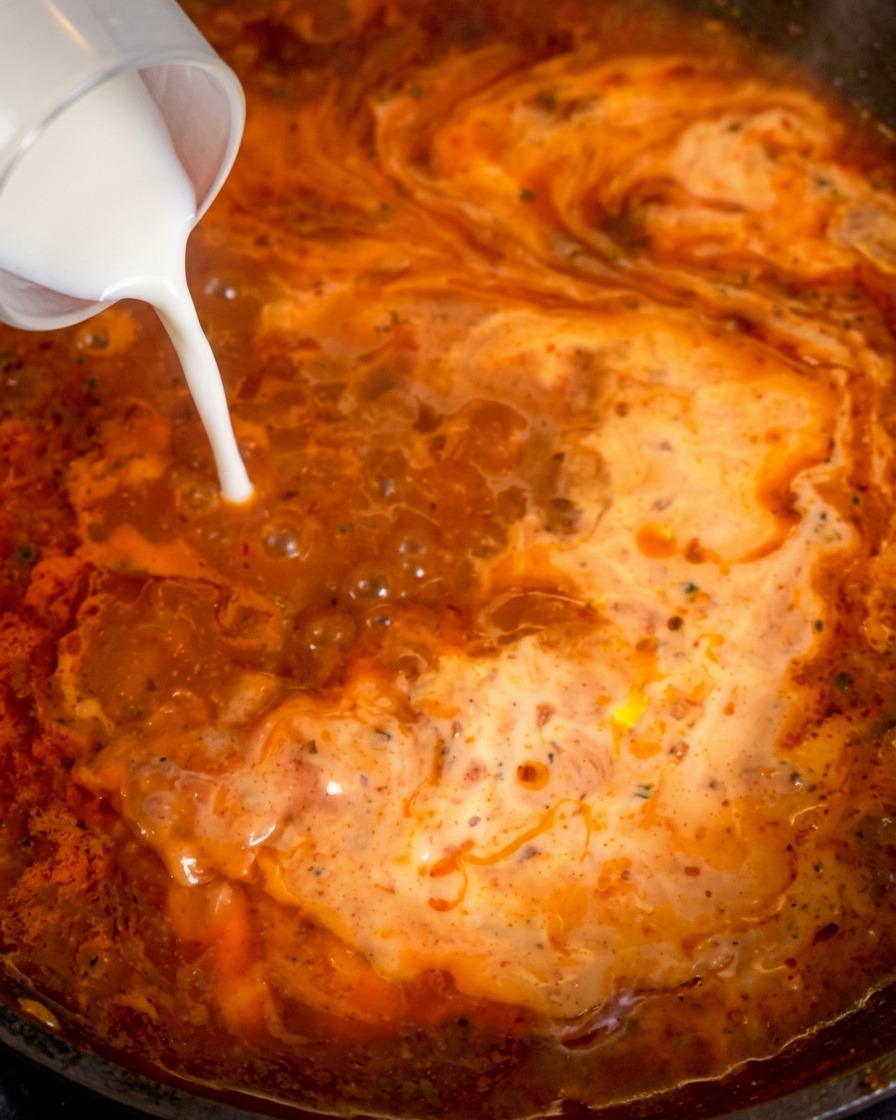 White cream being poured into a red sauce, creating white and orange swirls in the pan.