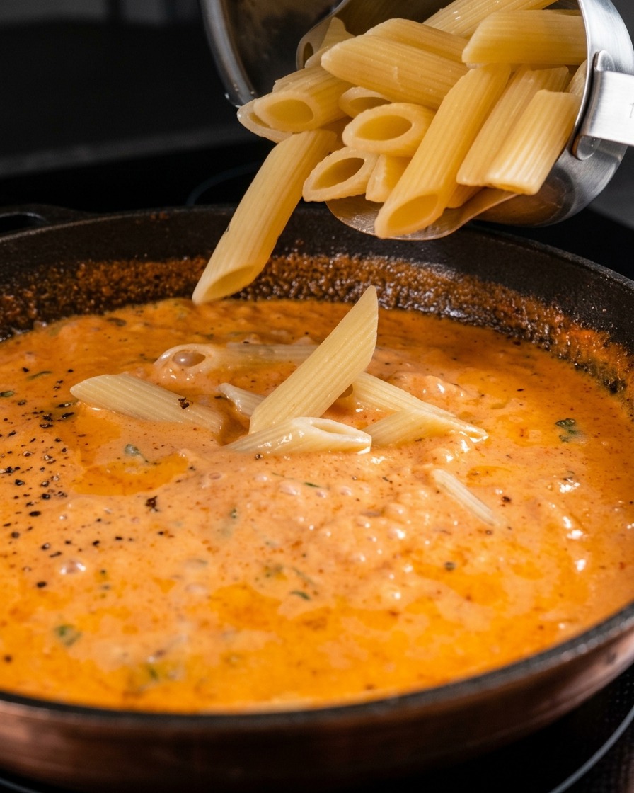 Cooked penne pasta being poured from a metal pot into a pan filled with creamy orange sauce.