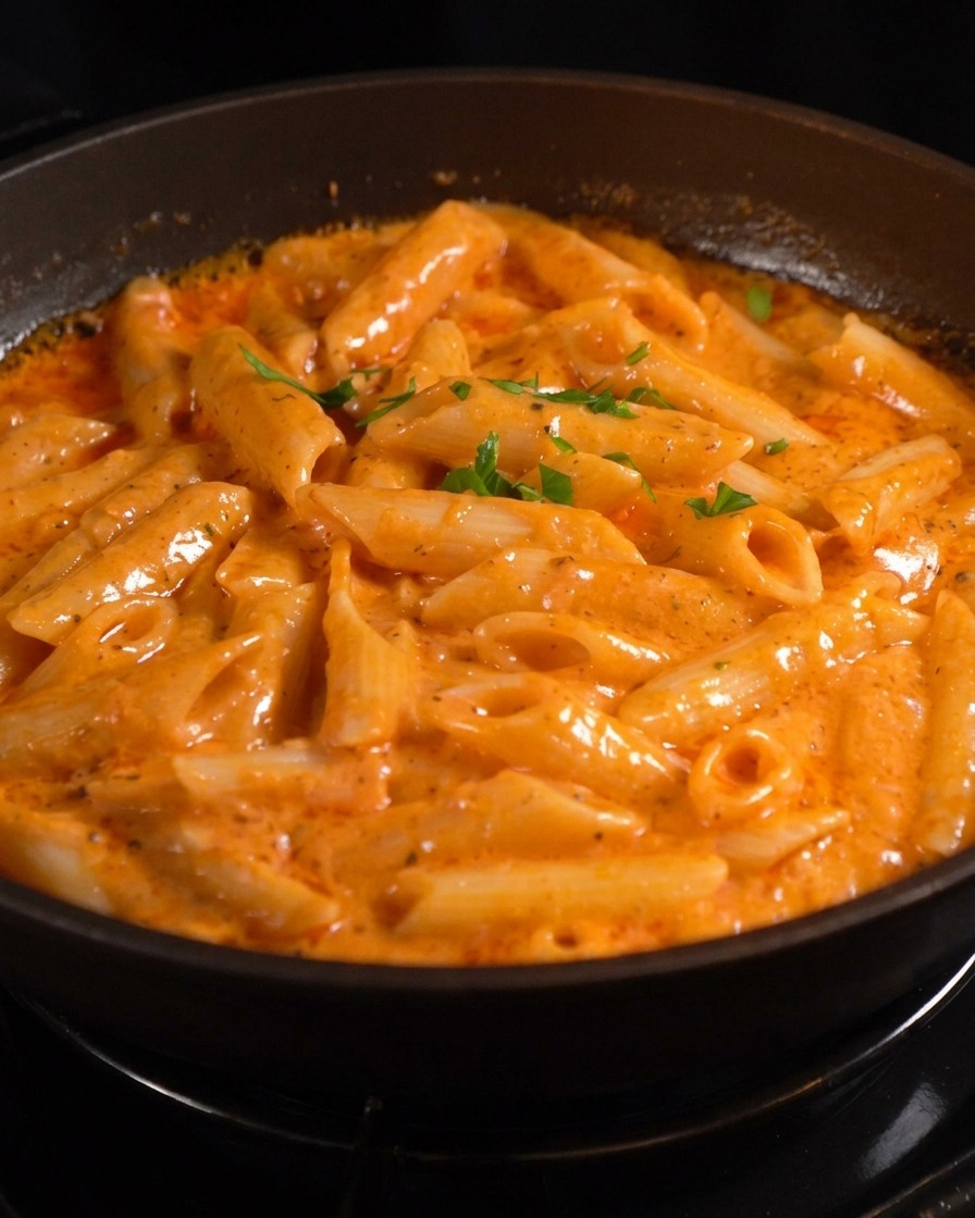 A finished pan of creamy orange penne pasta garnished with bright green chopped parsley.