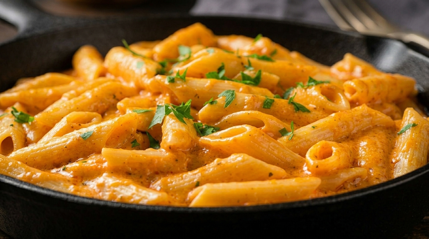 Creamy penne pasta in a rich tomato-cheese sauce, finished with melted mozzarella and fresh parsley