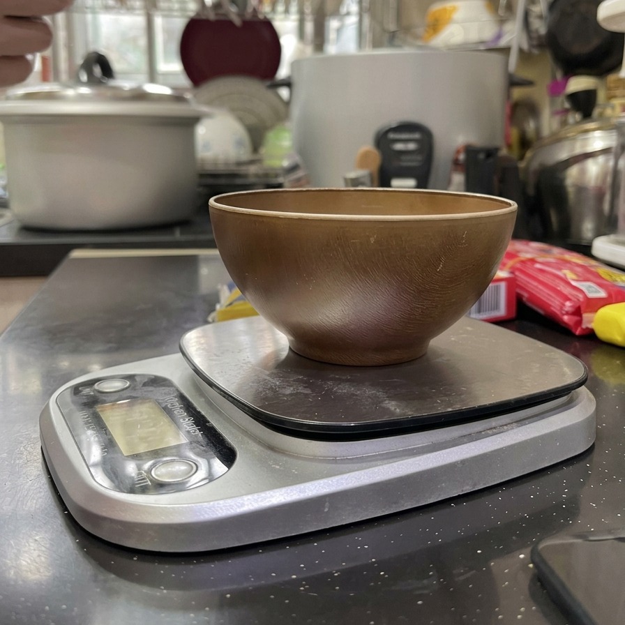 A hand pouring dry macaroni from a green plastic bag into a small wooden bowl resting on a silver digital kitchen scale.