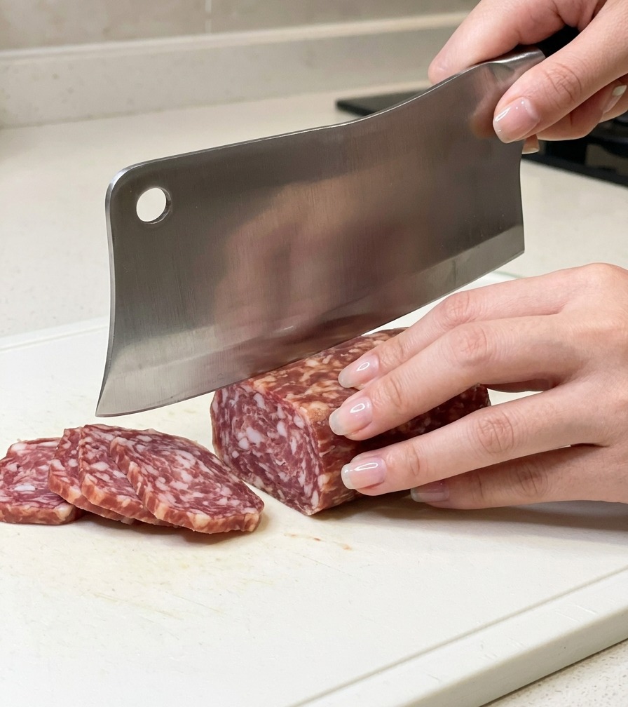 A persons hands using a large metal cleaver to slice a rectangular block of marbled beef salami on a white plastic cutting board.