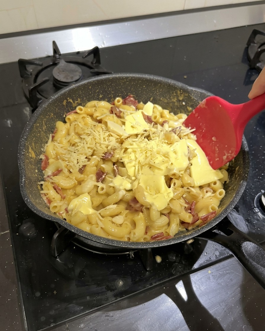 Macaroni and salami and cheese slices and shredded cheese in a black pan being stirred with a red silicone spatula.