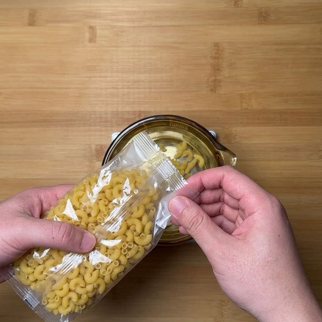 Dry elbow macaroni being poured from a clear plastic bag into a glass bowl sitting on a digital kitchen scale.