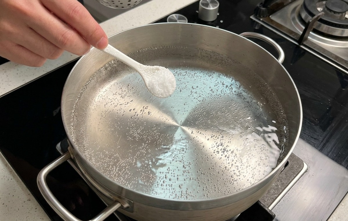 A hand dropping a small spoonful of salt into a stainless steel pot of actively boiling water.