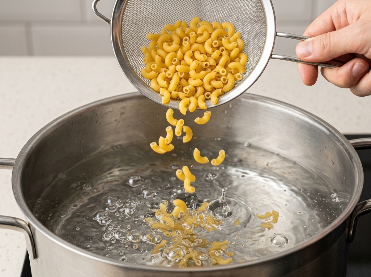 Dry macaroni pasta being poured from a small metal strainer into a pot of boiling water.