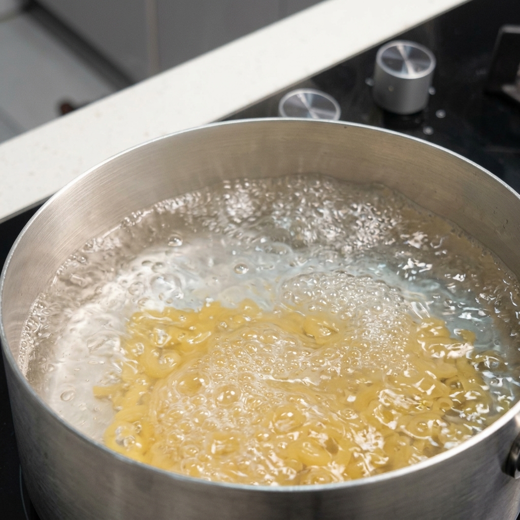 Elbow macaroni submerged in bubbling boiling water inside a stainless steel pot.