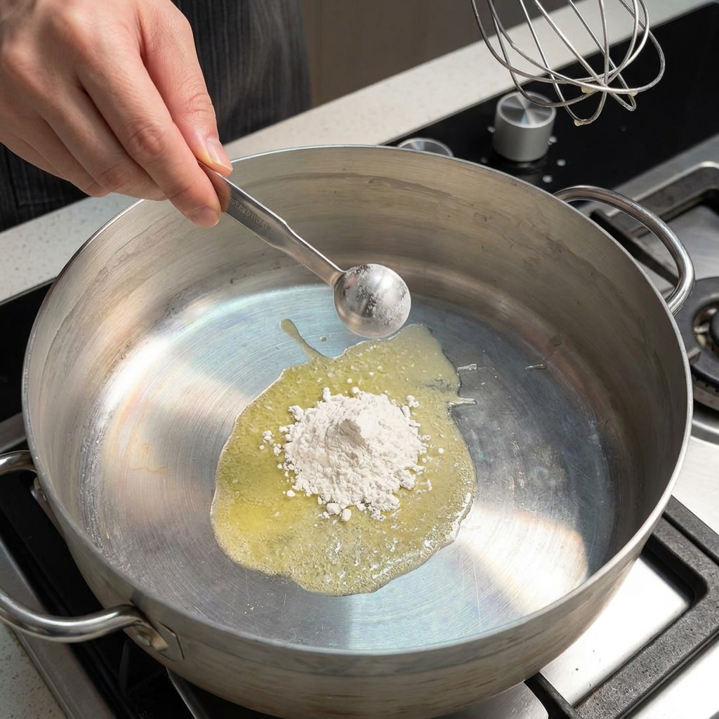 A metal spoon adding white flour to melted butter in a large metal pan, with a whisk held ready to combine them.