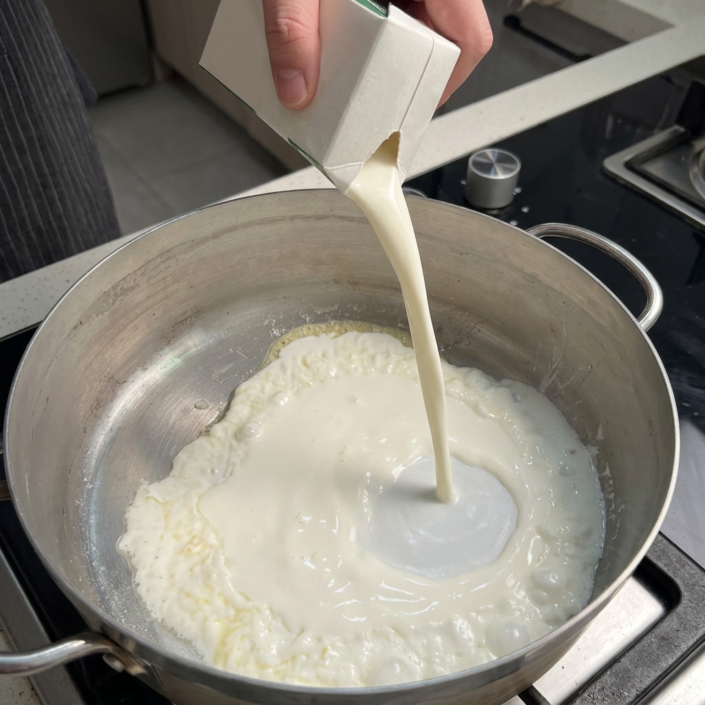 A carton pouring pure white liquid milk into a heated pan containing a butter and flour mixture.